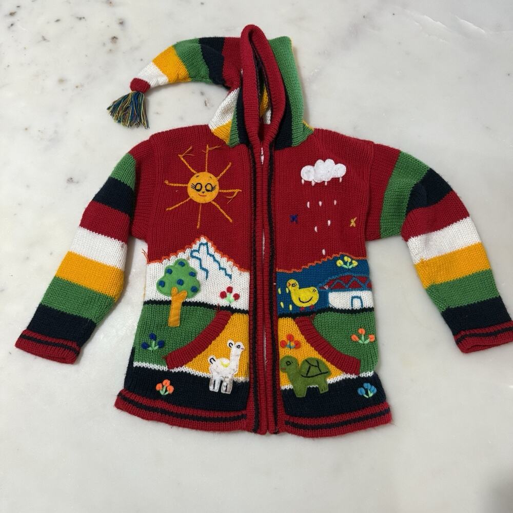 Grupo Colquetex Kids Size 8 100% Wool Full Zip Hooded Knit Sweater Cheerful Farm